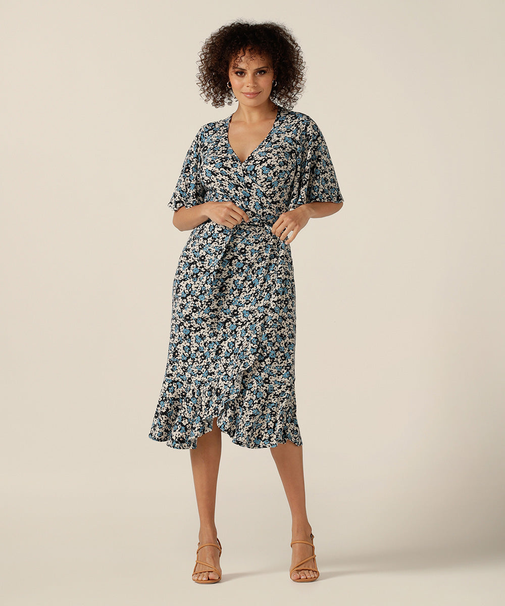 wrap dress with flutter sleeves and skirt ruffle