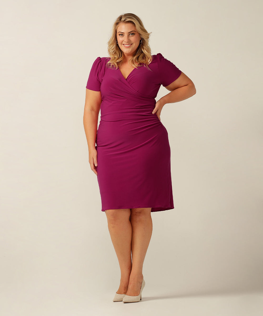 fixed wrap jersey dress with short sleeves and straight skirt. Made in Australia for petite to plus size women.