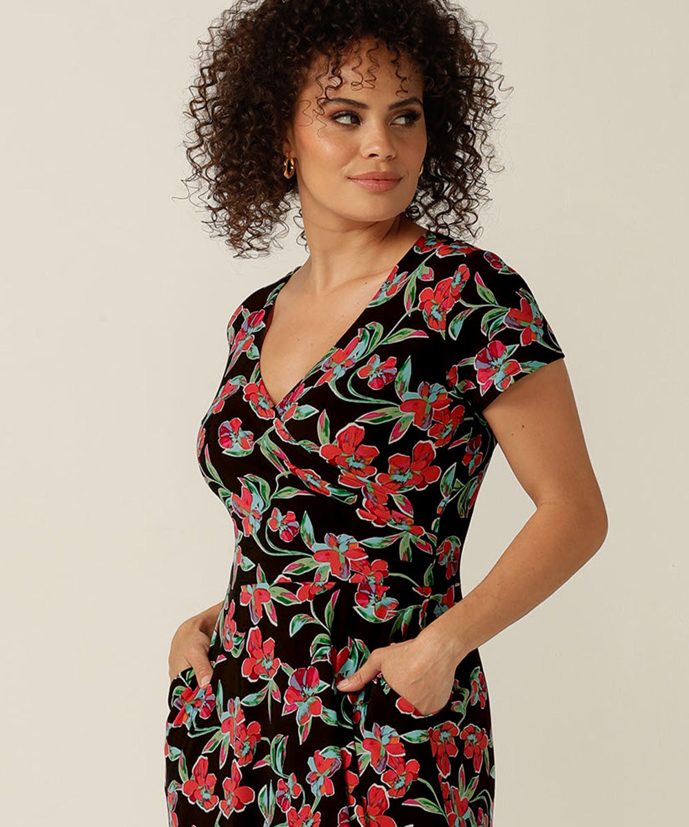 fixed wrap maxi dress with pockets and ruffle on skirt. Featuring an exclusive floral print, this dress is fitted by experts and made in Australia for plus size, petite sizes and women looking for slow fashion investment pieces.