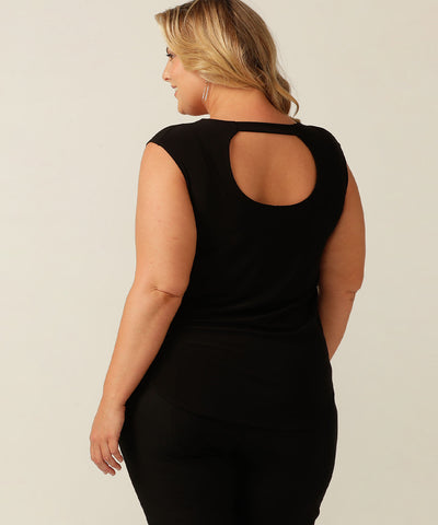 sleeveless, scoop neck, stretch jersey top with shirttail hemline and keyhole back detail. Made in Australia for petite to plus size women. 