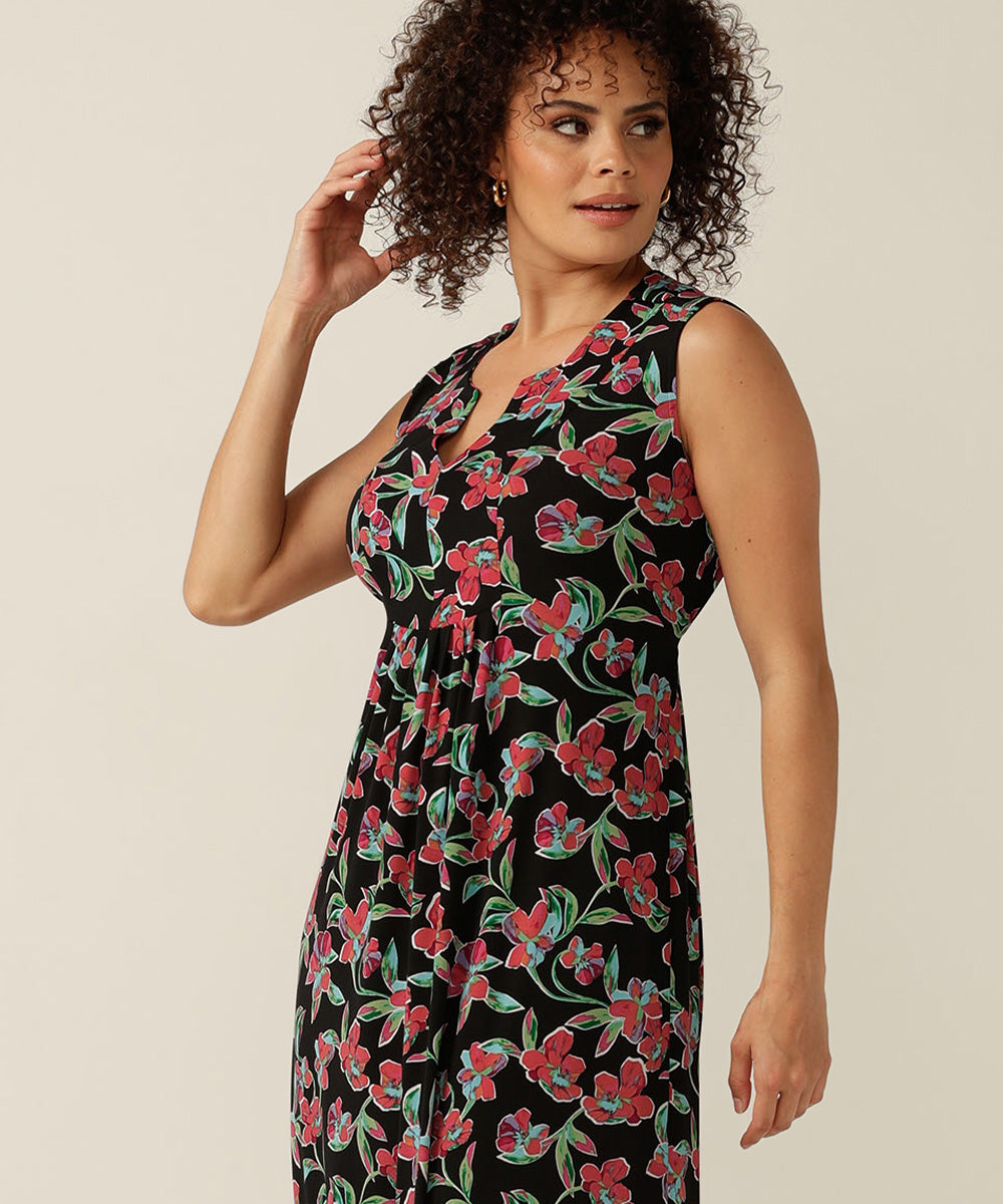 The Ophelia Dress is a luxe, flowing summer maxi dress. Designer Australian Fashion, she features and exclusive floral print and is made in Australia. Expertly fitted, she fits plus size women, petite sizes and women shopping for slow fashion, investment pieces to build work and travel capsule wardrobes