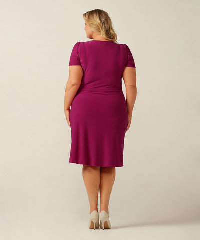 fixed wrap jersey dress with short sleeves and straight skirt. Made in Australia for petite to plus size women.