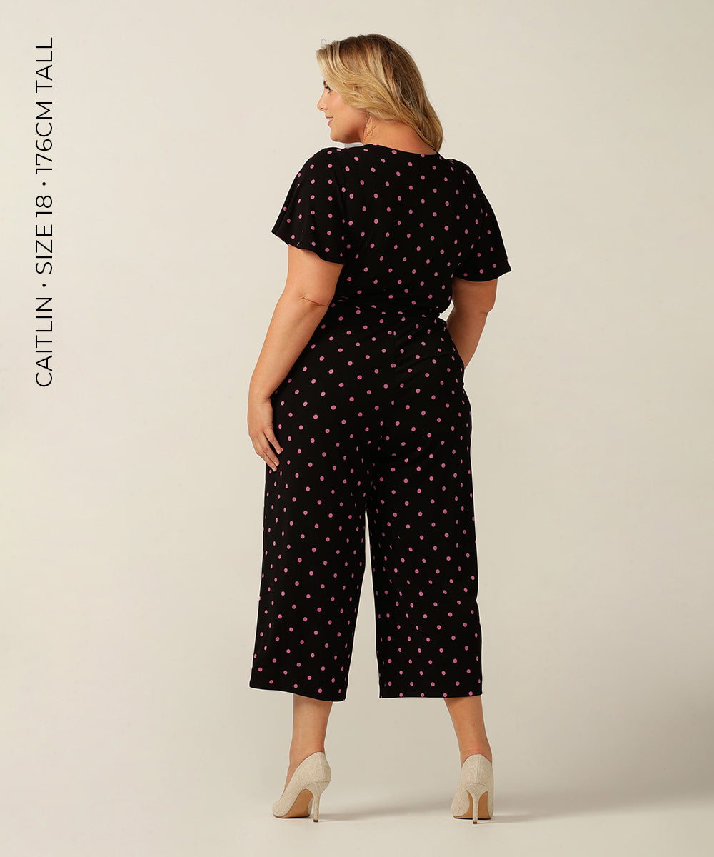 jersey jumpsuit with flutter sleeves, wrap bodice and cropped length. Made in Australia for petite to plus size women.