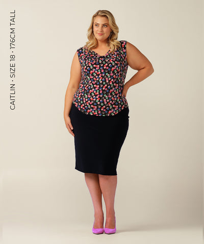 sleeveless stretch jersey top with soft cowl-neck. Made in Australia for petite to plus size women.