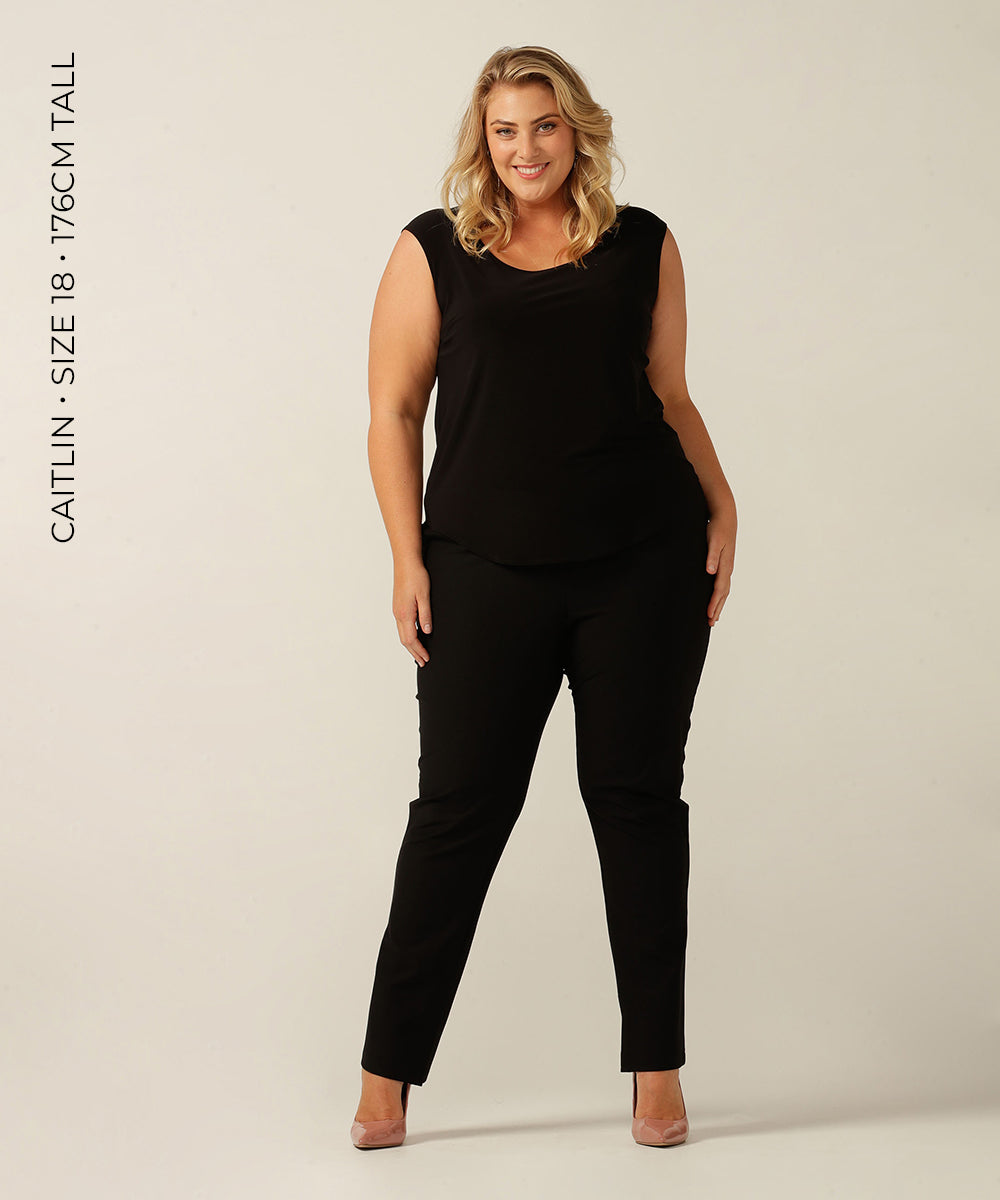 sleeveless, scoop neck, stretch jersey top with shirttail hemline and keyhole back detail. Made in Australia for petite to plus size women. 