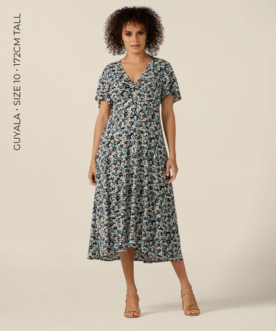 luxe empire-line dress with flutter sleeves and twist front bodice