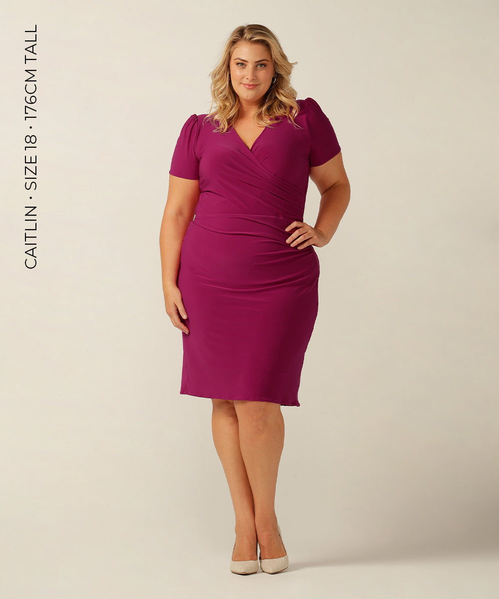 fixed wrap jersey dress with short sleeves and straight skirt. Made in Australia for petite to plus size women.