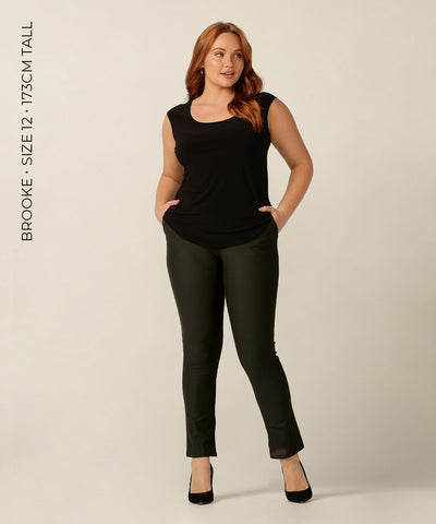sleeveless, scoop neck, stretch jersey top with shirttail hemline and keyhole back detail. Made in Australia for petite to plus size women. 