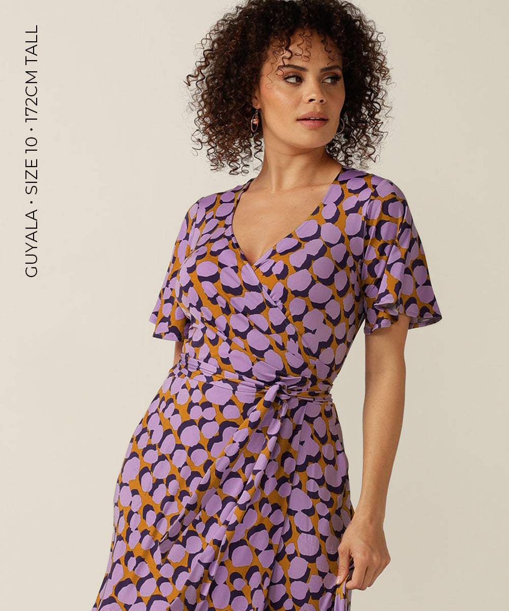 summer wrap dress with flutter sleeves and pockets