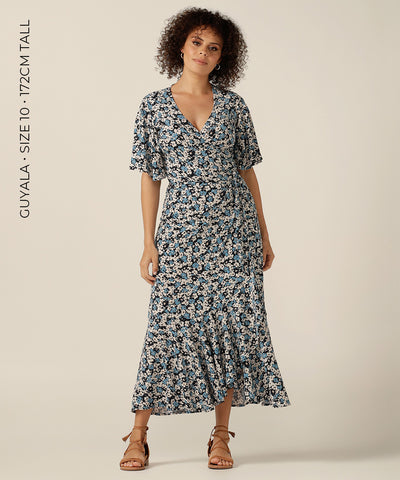 maxi wrap dress with flutter sleeves and skirt ruffle