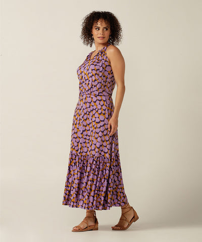 halter neck maxi dress with ruffle on hem - purple pebble print womens fashion maxi dresses