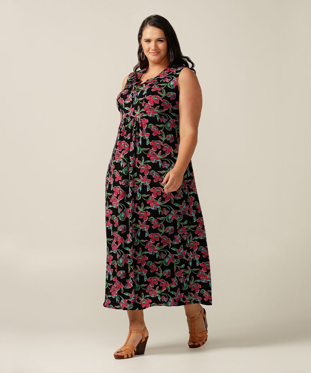 The Ophelia Dress is a luxe, flowing summer maxi dress. Designer Australian Fashion, she features and exclusive floral print and is made in Australia. Expertly fitted, she fits plus size women, petite sizes and women shopping for slow fashion, investment pieces to build work and travel capsule wardrobes