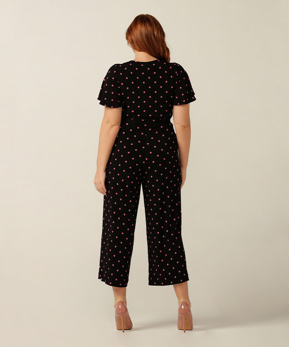jersey jumpsuit with flutter sleeves, wrap bodice and cropped length. Made in Australia for petite to plus size women.