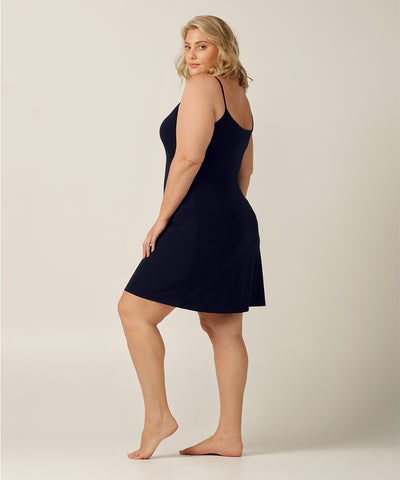 above-knee length V-neck slip dress with thin straps in black