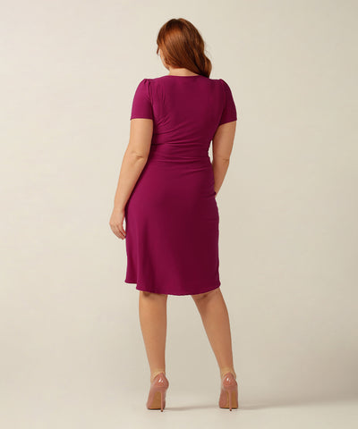 fixed wrap jersey dress with short sleeves and straight skirt. Made in Australia for petite to plus size women.