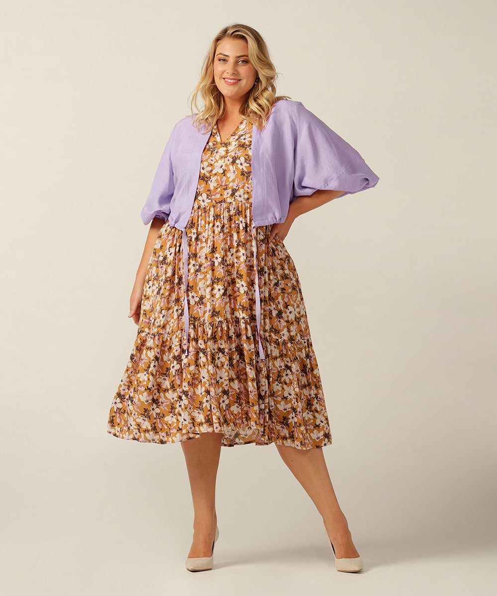 An empire line, sleeveless sun dress, the Goldie Dress in floral Siren print is lightweight and breathable in Viscose. Made in Australia for petite to plus size women. 