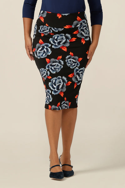 A great skirt for work and corporate wear, the Andi Skirt in Ikebana is a tube skirt in stretch jersey fabric. Made in Australia by women's clothing label, L&F, shop this skirt online in sizes 8-24.