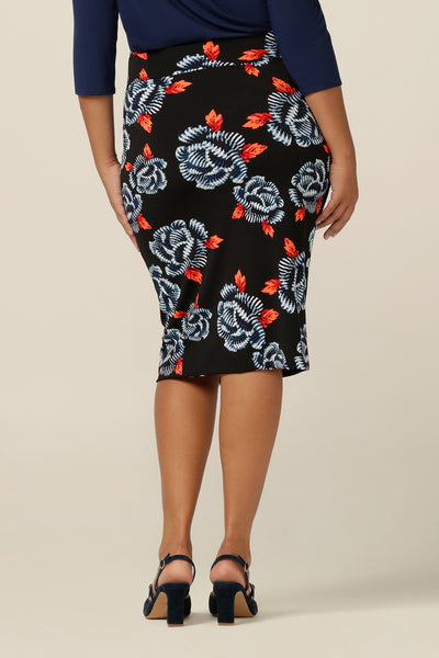 Back view of a great skirt for work and corporate wear, the Andi Skirt in Ikebana is a tube skirt in stretch jersey fabric. Made in Australia by women's clothing label, L&F, shop this skirt online in sizes 8-24.