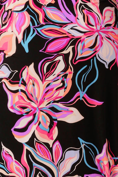 swatch of Australian and New Zealand women's size-inclusive clothing company, L&Fs bay city floral print on black dry touch jersey base for use in their jersey wrap dresses and work wear tops. 