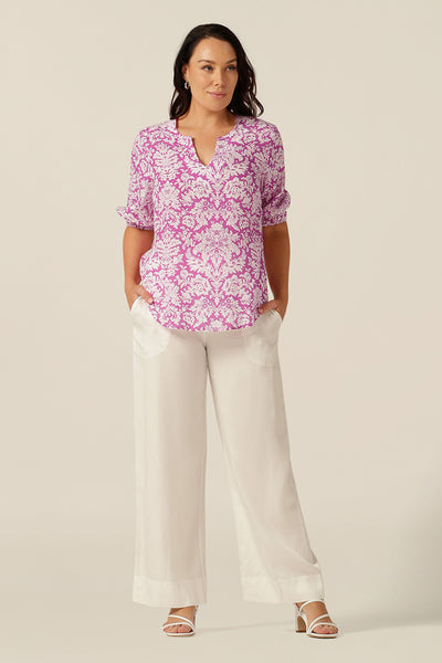 eco friendly and breathable fabric shirt with split V-neckline and 3/4 sleeves