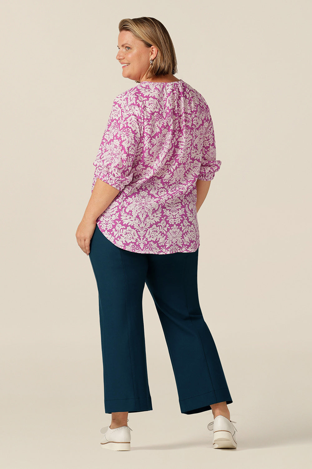 eco friendly and breathable fabric shirt with split V-neckline and 3/4 sleeves