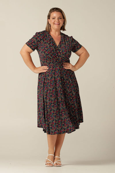 Short sleeve dress with gather front bodice and full, knee-length skirt made in Australia in stretch jersey