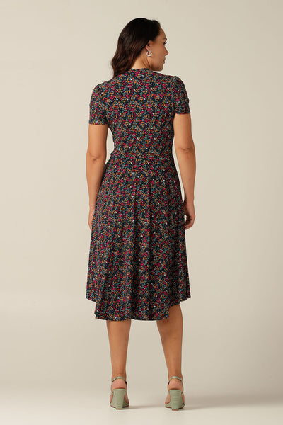 Short sleeve dress with gather front bodice and full, knee-length skirt made in Australia in stretch jersey