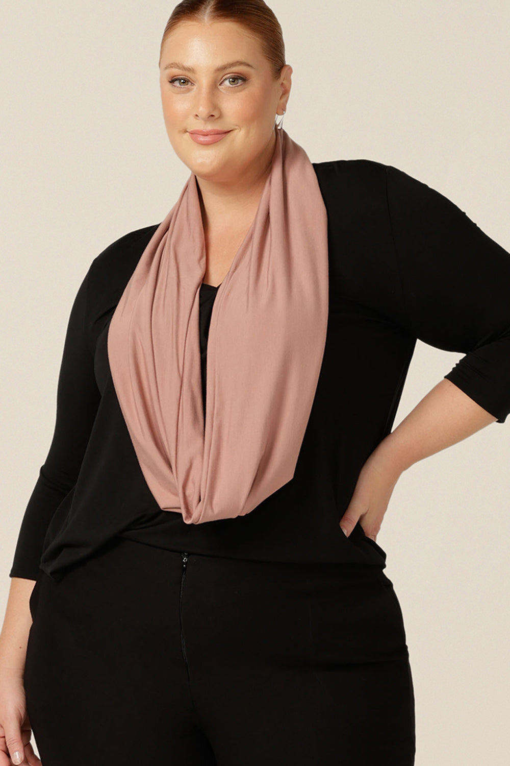 complete your capsule wardrobe for work, travel and play with this Infinity Scarf in luxurious and soft cinnamon bamboo jersey.