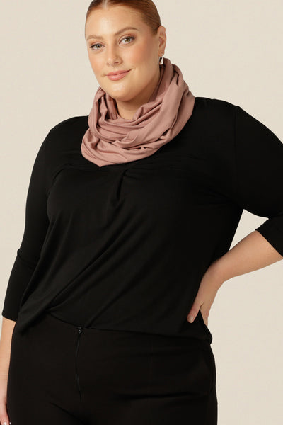 complete your capsule wardrobe for work, travel and play with this Infinity Scarf in luxurious and soft cinnamon bamboo jersey.