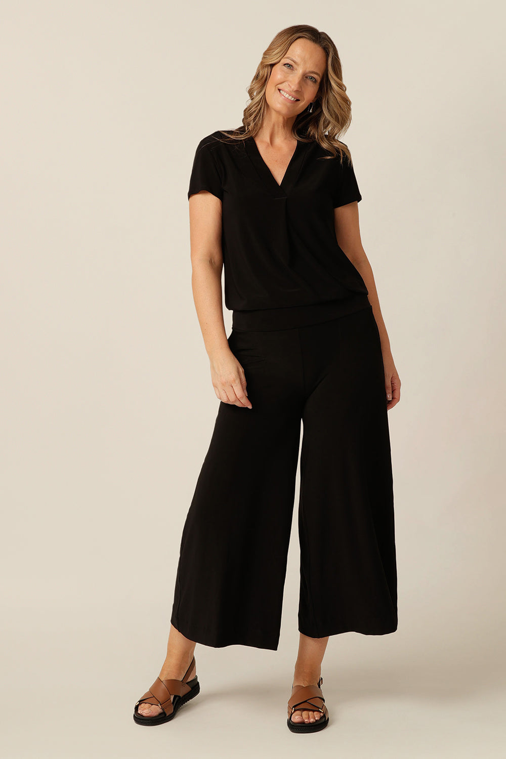tailored jersey top with v-neckline and short sleeves - the Emily Top is a great top for relaxed corporate dressing. 