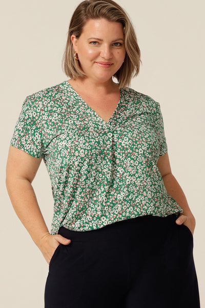 versatile tailored T-shirt top with v-neckline and short sleeves - a great top for work wear and corporate wardrobes!  Made in Australia for petite to plus size women.