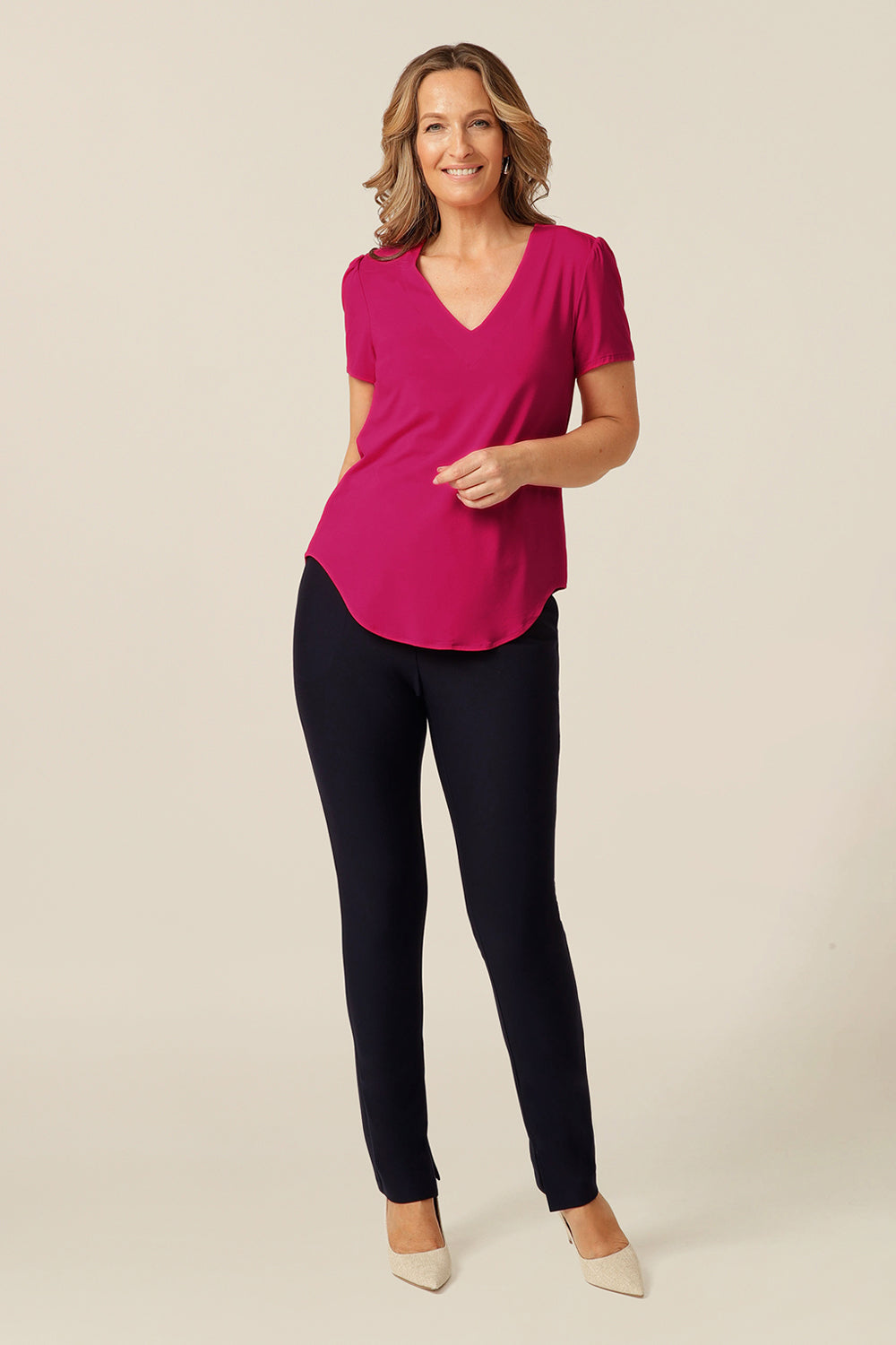 women's short sleeve top with V-neck. Made in Australia from eco-conscious, lightweight bamboo jersey, for petite to plus size women