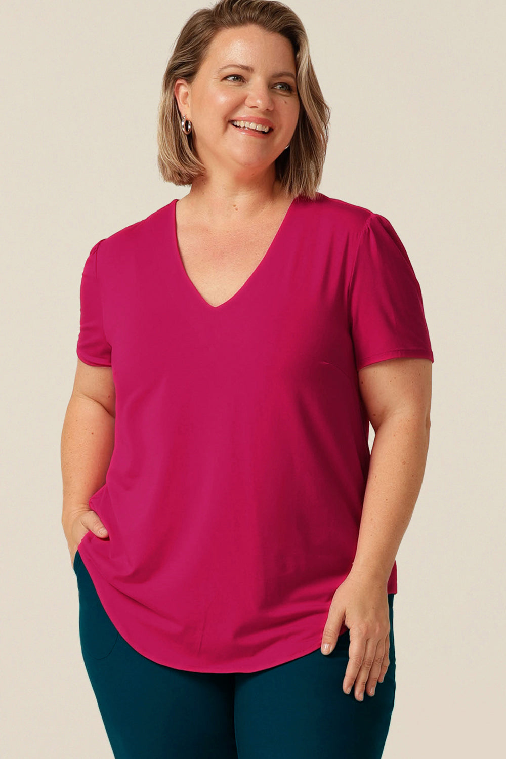 women's short sleeve top with V-neck. Made in Australia from eco-conscious, lightweight bamboo jersey, for petite to plus size women