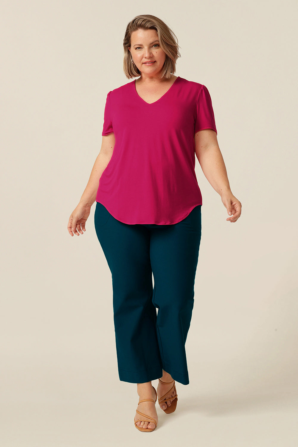 women's short sleeve top with V-neck. Made in Australia from eco-conscious, lightweight bamboo jersey, for petite to plus size women