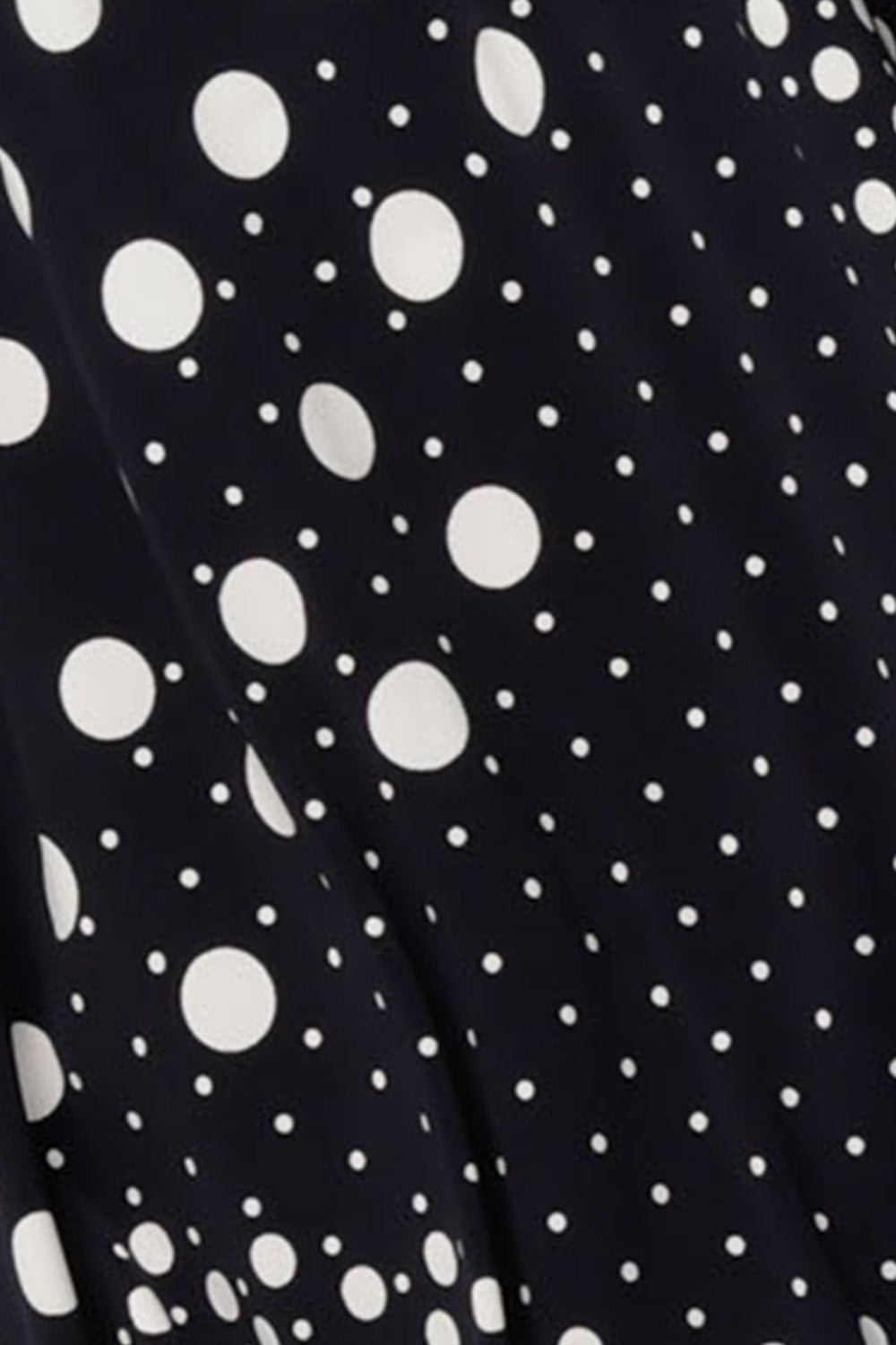 fabric swatch of Australian and New Zealand women's fashion label, L&F's navy and white spot print jersey used to make a range of tops, dresses and wide leg pants.