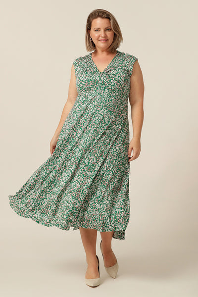 Sleeveless summer jersey dress with twist front bodice and below-the -knee skirt. The best dress for parties, summer events and barbeques! Made in Australia for petite to plus size women.