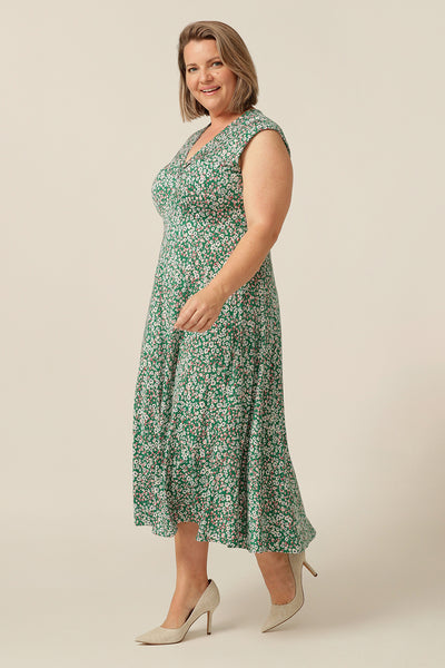 Sleeveless summer jersey dress with twist front bodice and below-the -knee skirt. The best dress for parties, summer events and barbeques! Made in Australia for petite to plus size women.