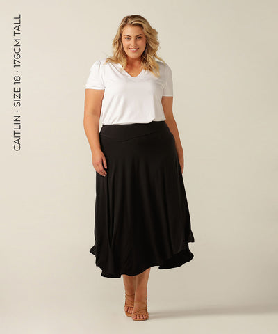 a comfortable stretch jersey maxi skirt with asymmetric hem, the Germain Skirt is perfect for work or weekend and your travel wardrobe. Made in Australia in petite to plus sizes.