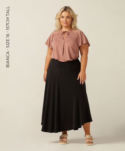 a comfortable stretch jersey maxi skirt with asymmetric hem, the Germain Skirt is perfect for work or weekend and your travel wardrobe. Made in Australia in petite to plus sizes.