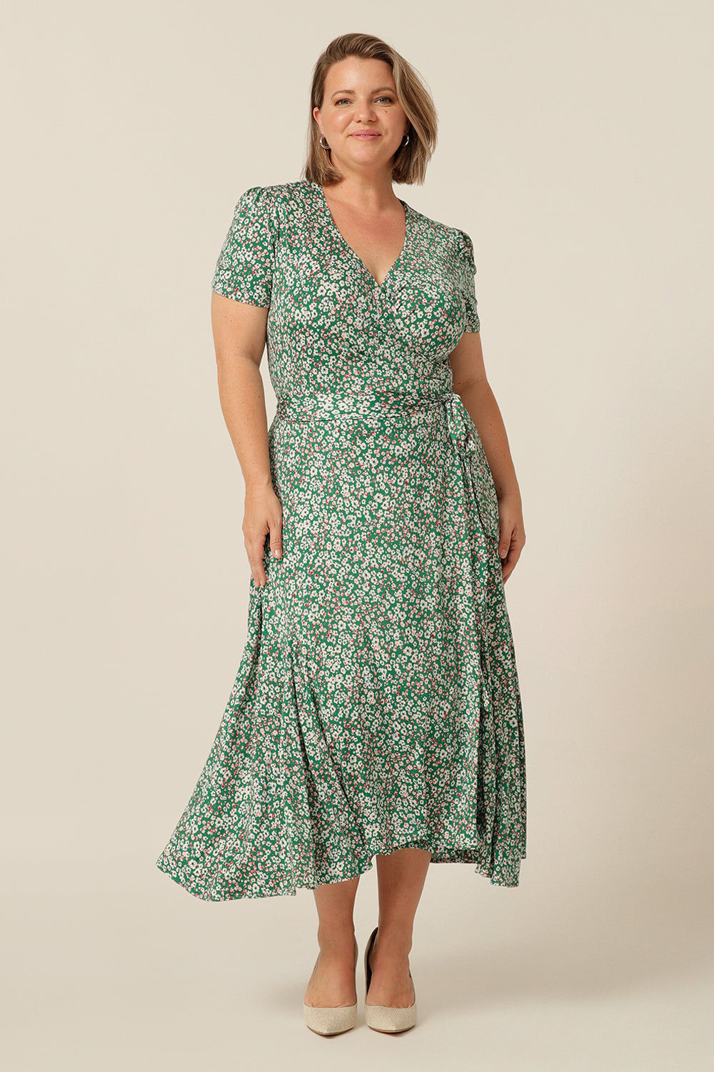 wrap jersey dress with gathered short sleeves and full skirt - best dress for summer occasionwear  and weddings. Made in Australia for petite to plus sizes.