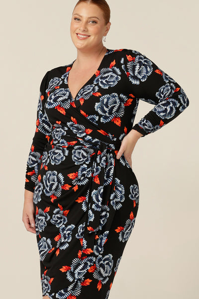 A long sleeve wrap dress with tulip skirt by Australian and New Zealand women's clothing label, L&F. Shop this dress in plus sizes, this jersey wrap dress is available in a inclusive 8 to 24 size range. 