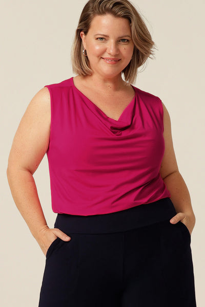 sleeveless bamboo jersey top with soft cowl-neck. Made in Australia for petite to plus size women.