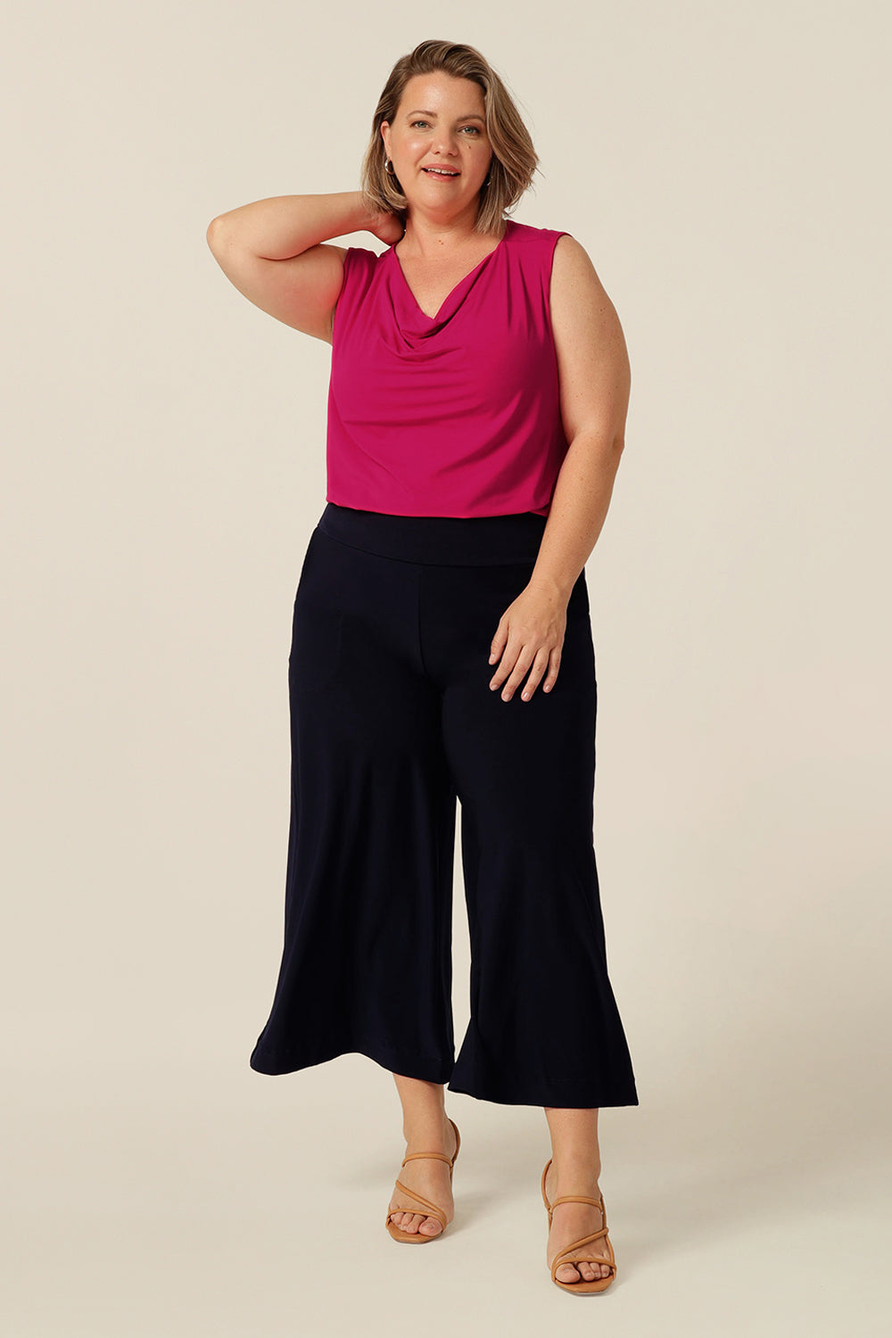 sleeveless bamboo jersey top with soft cowl-neck. Made in Australia for petite to plus size women.