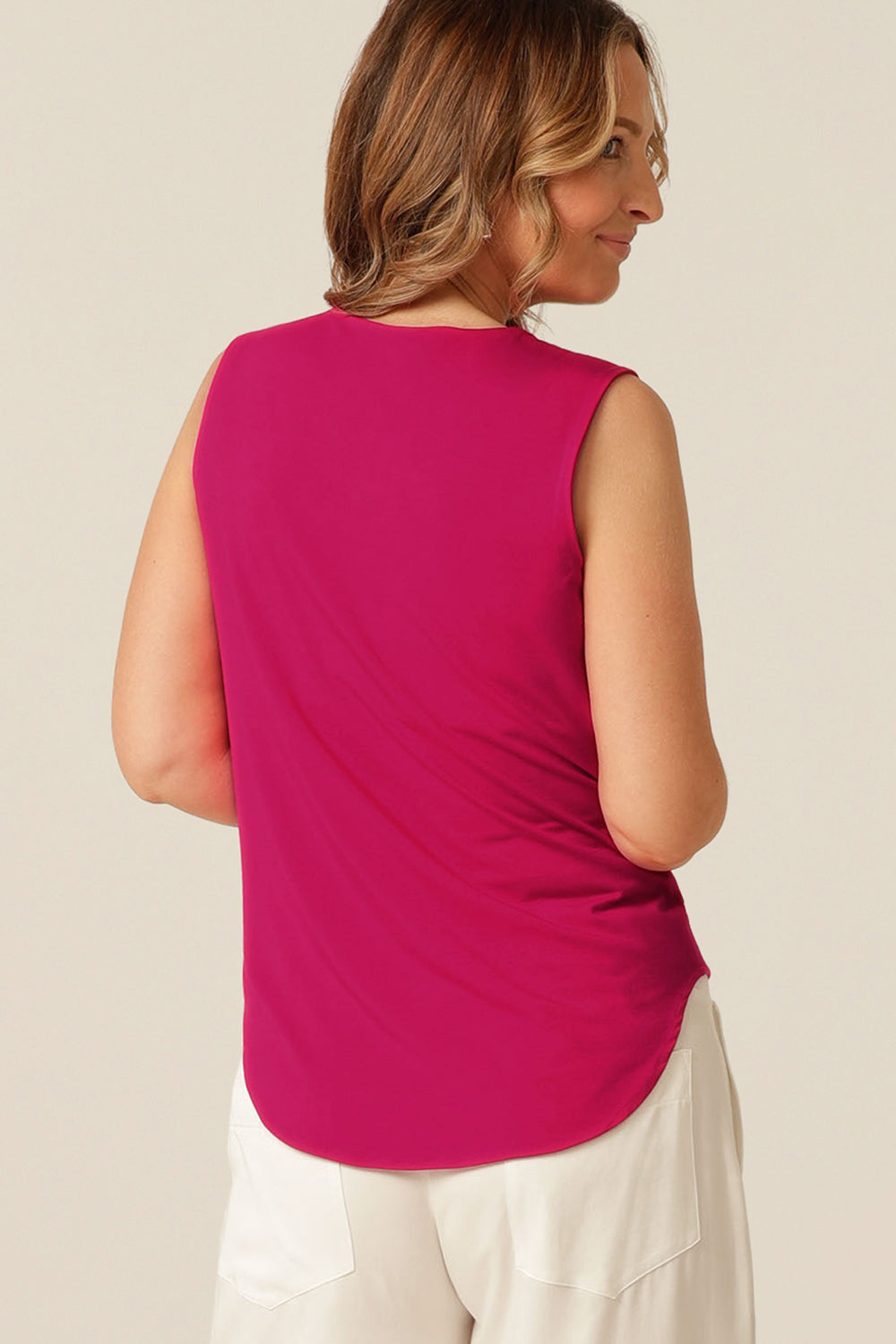 sleeveless bamboo jersey top with soft cowl-neck. Made in Australia for petite to plus size women.