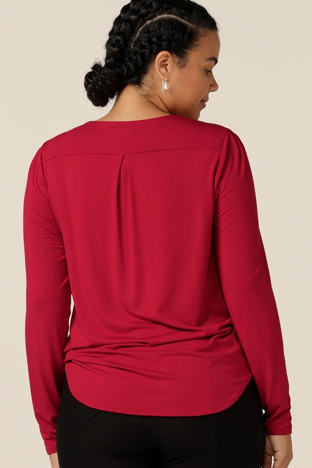 Back view of a long sleeve, round neck top by Australia and New Zealand women's clothing label, L&F. In natural, breathable bamboo jersey, this is a comfortable top for corporate wear style.