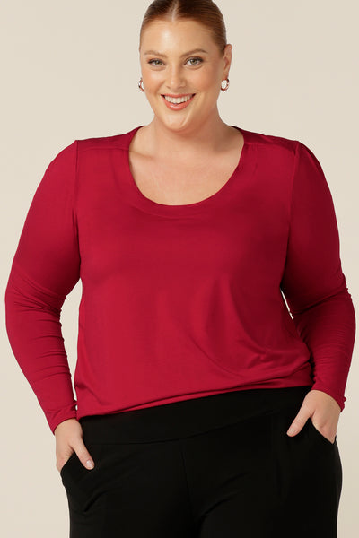 a round neck, long sleeve top for plus size and fuller figure women. In red bamboo jersey, this comfortable top is made in Australia in an inclusive 8-24 size range.