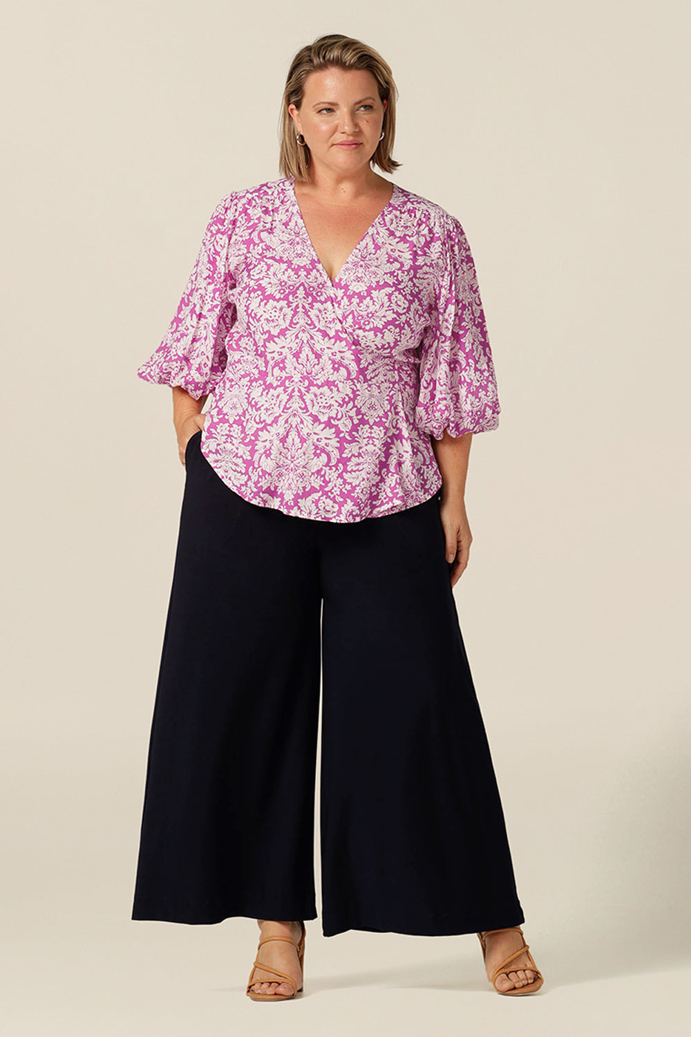 wrap top with 3/4 puff sleeves, made in Australia in eco-conscious fabric for petite to plus size women.