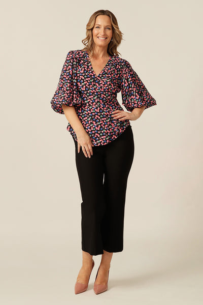 wrap top with 3/4 puff sleeves, made in Australia in eco-conscious fabric for petite to plus size women.