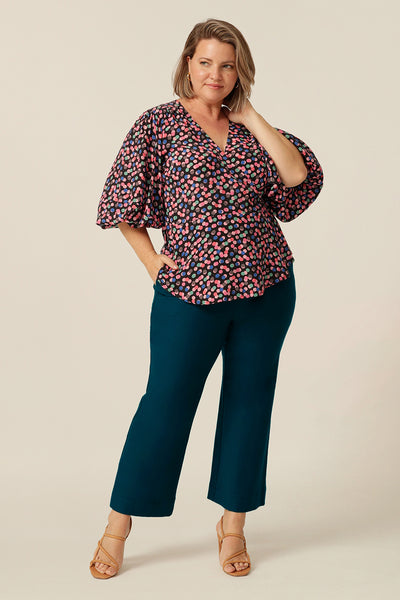 wrap top with 3/4 puff sleeves, made in Australia in eco-conscious fabric for petite to plus size women.