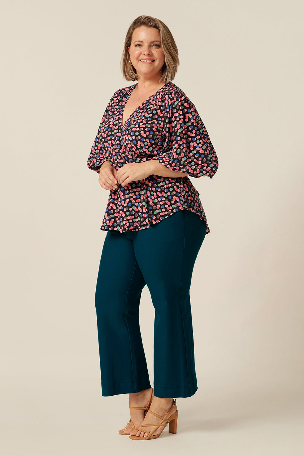 wrap top with 3/4 puff sleeves, made in Australia in eco-conscious fabric for petite to plus size women.